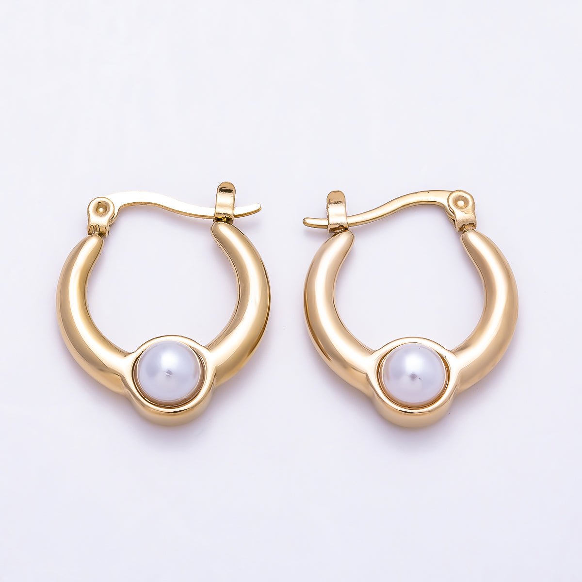 Stainless Steel Gold PVD 37mm Shell Pearl Gemstone Latch Hoop Earrings | Earrings-00749 - DLUXCA