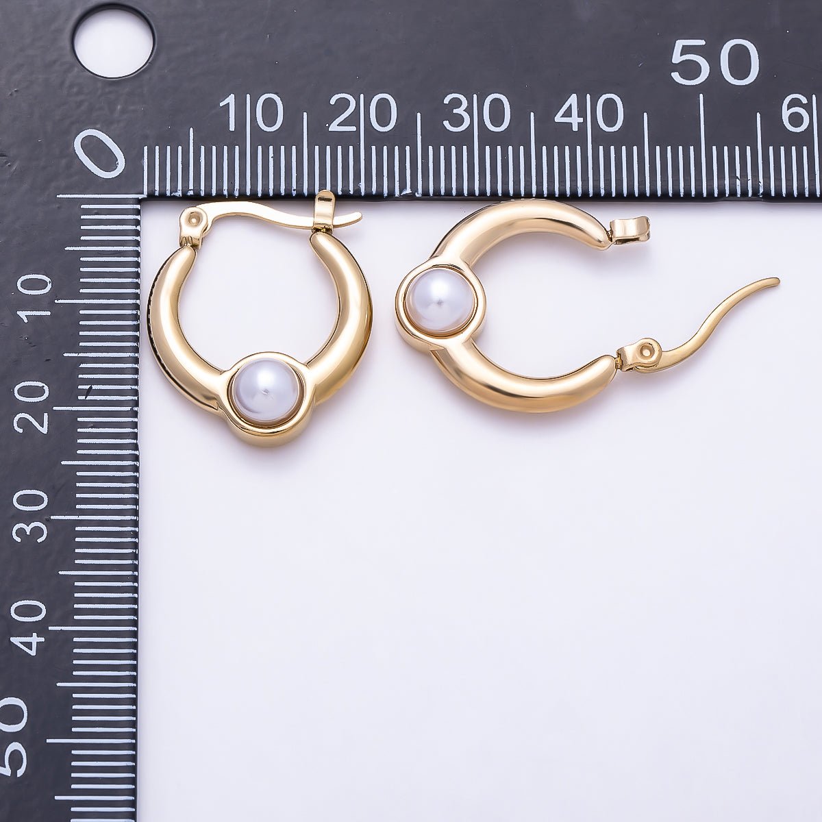 Stainless Steel Gold PVD 37mm Shell Pearl Gemstone Latch Hoop Earrings | Earrings-00749 - DLUXCA
