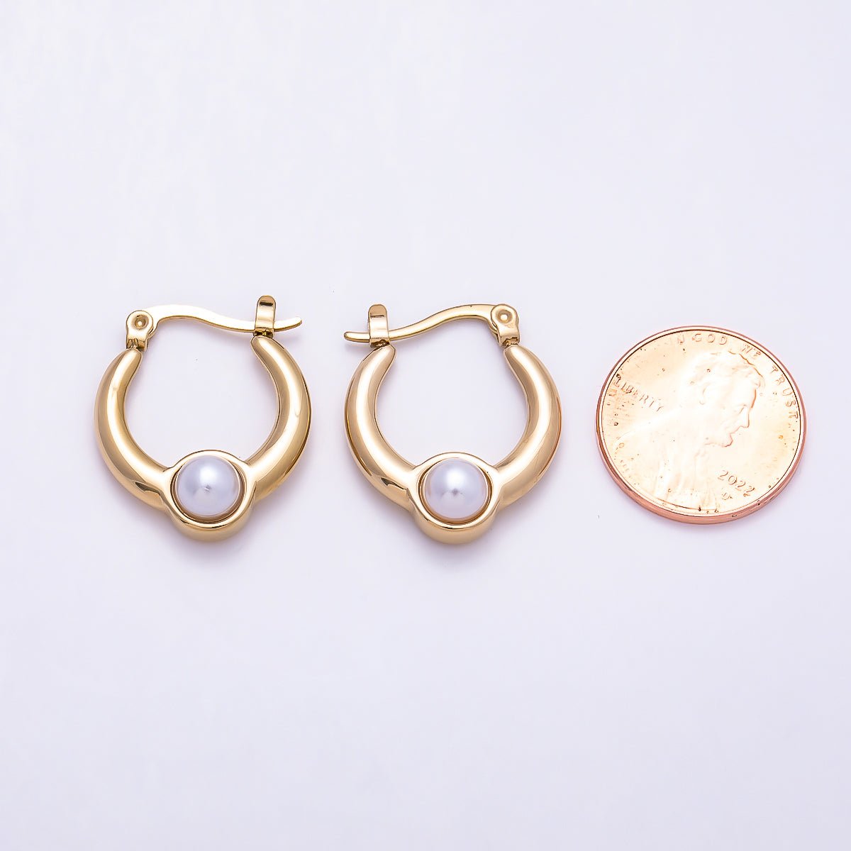 Stainless Steel Gold PVD 37mm Shell Pearl Gemstone Latch Hoop Earrings | Earrings-00749 - DLUXCA