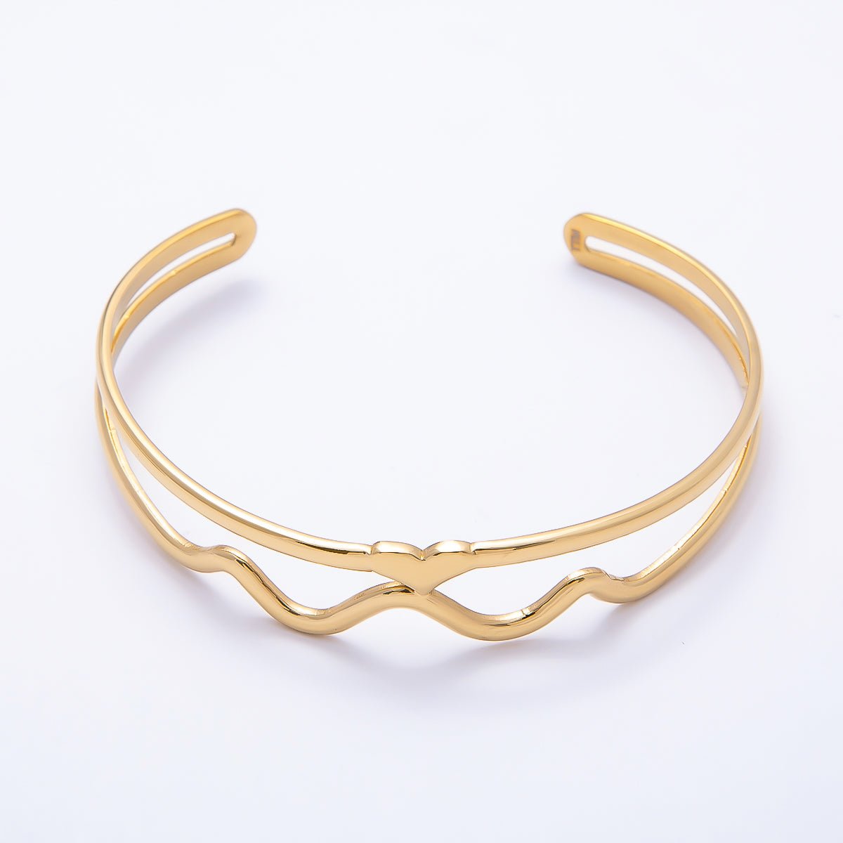 Stainless Steel Gold PVD Heart Wavy Minimalist Double Band Cuff Bracelet | WA-01261 - DLUXCA
