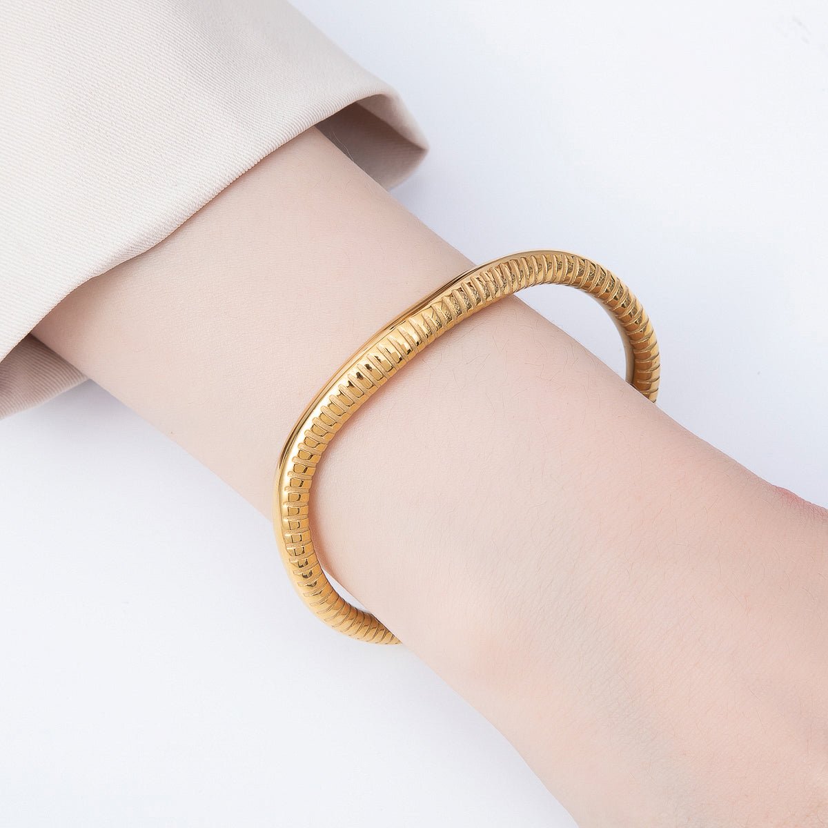 Stainless Steel Gold PVD Ribbed Lined Geometric Cuff Bracelet | WA-01506 - DLUXCA