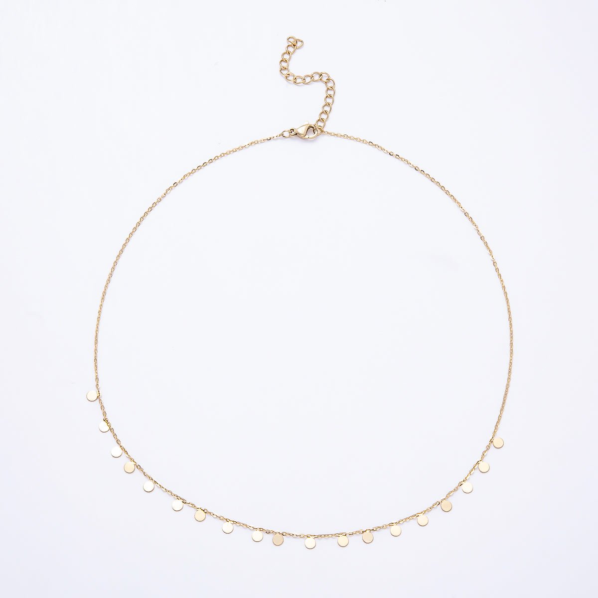 Stainless Steel Gold PVD Round Disc Coin Dangle Drop Cable Chain Necklace w. Extender | WA-00857 - DLUXCA