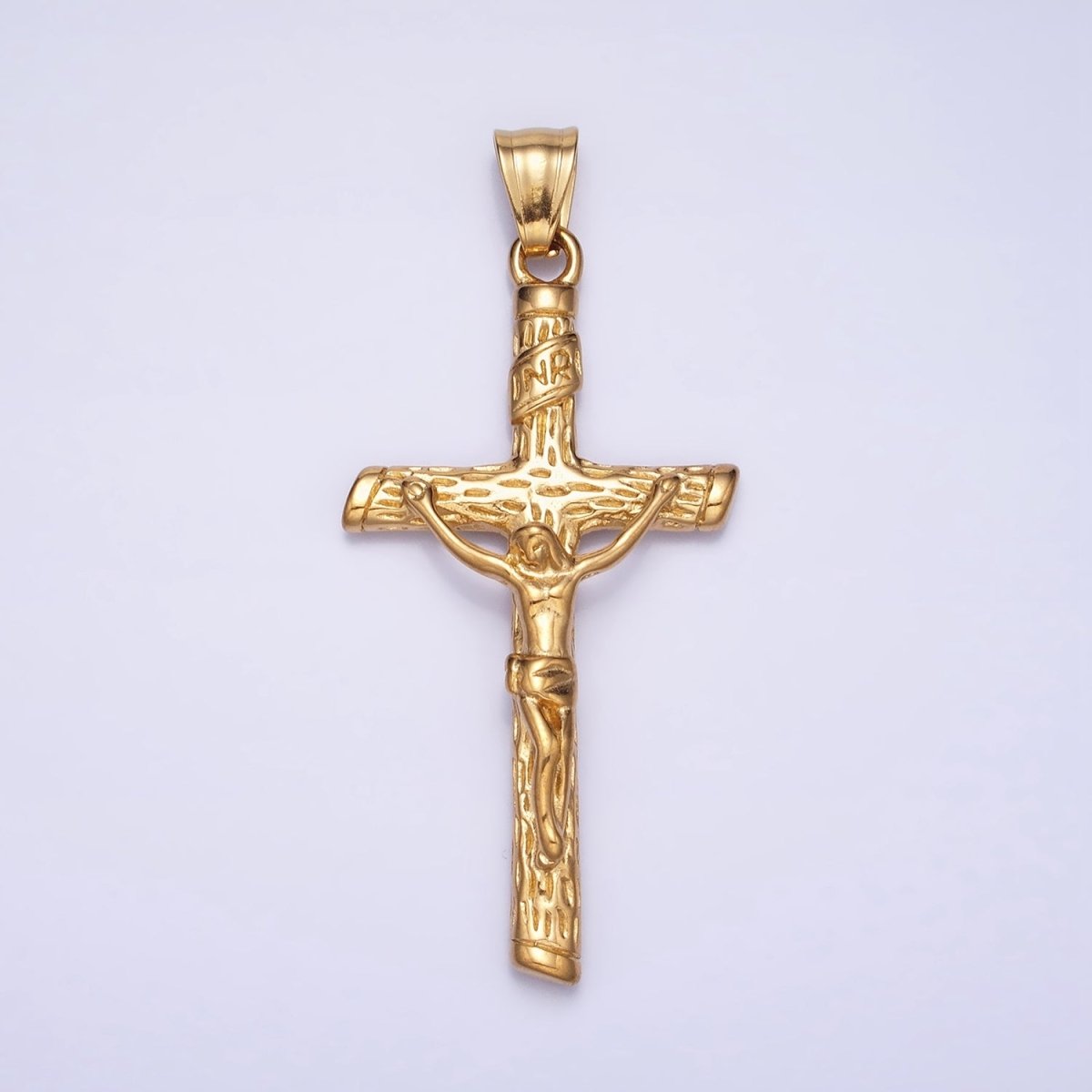 Stainless Steel INRI Crucifix Jesus Wood - Textured Cross 41.5mm Pendant in Gold, Silver & Black P1153 P1154 - DLUXCA