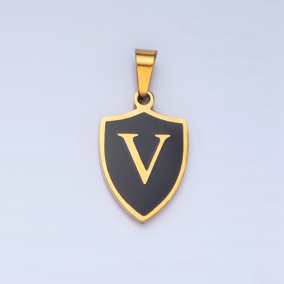 Stainless Steel Letter Initial Black Enamel Shield Charm | A1617 - A1629 - DLUXCA