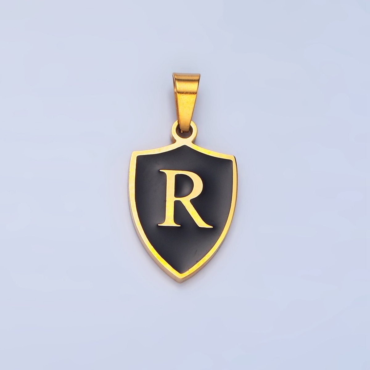 Stainless Steel Letter Initial Black Enamel Shield Charm | A1617 - A1629 - DLUXCA