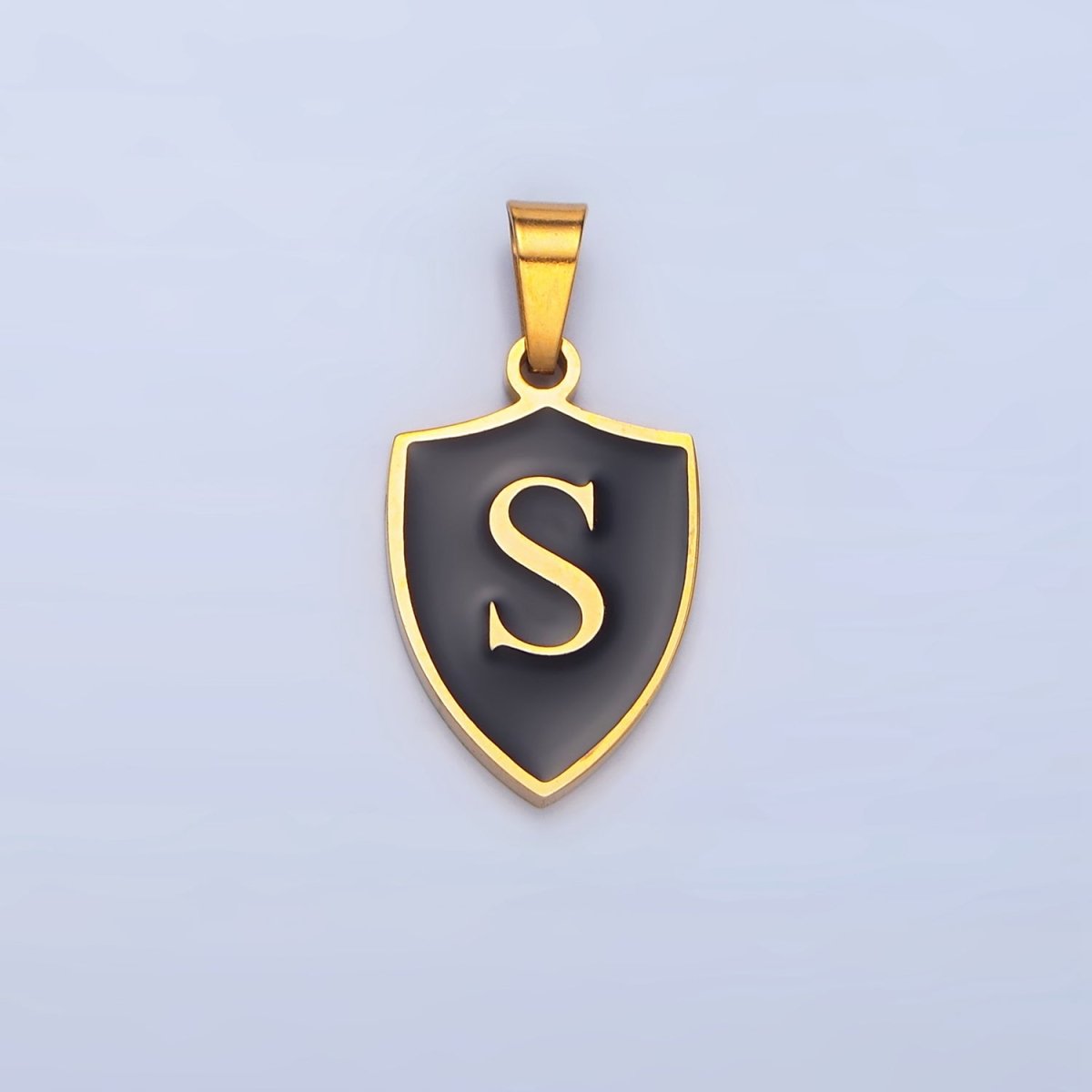 Stainless Steel Letter Initial Black Enamel Shield Charm | A1617 - A1629 - DLUXCA