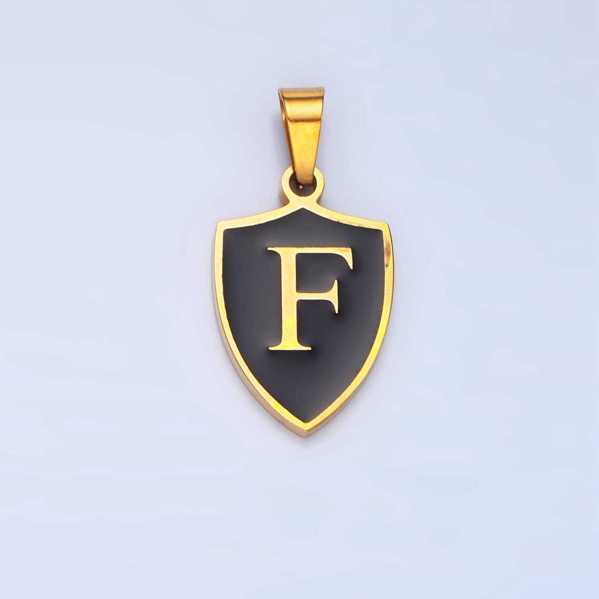 Stainless Steel Letter Initial Black Enamel Shield Charm | A1617 - A1629 - DLUXCA