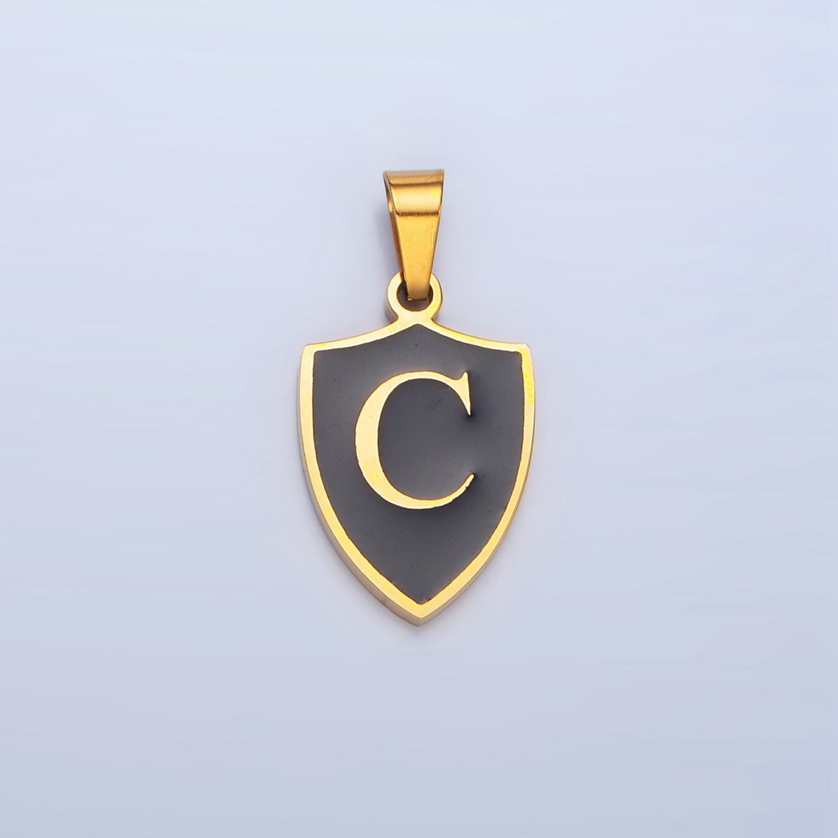 Stainless Steel Letter Initial Black Enamel Shield Charm | A1617 - A1629 - DLUXCA