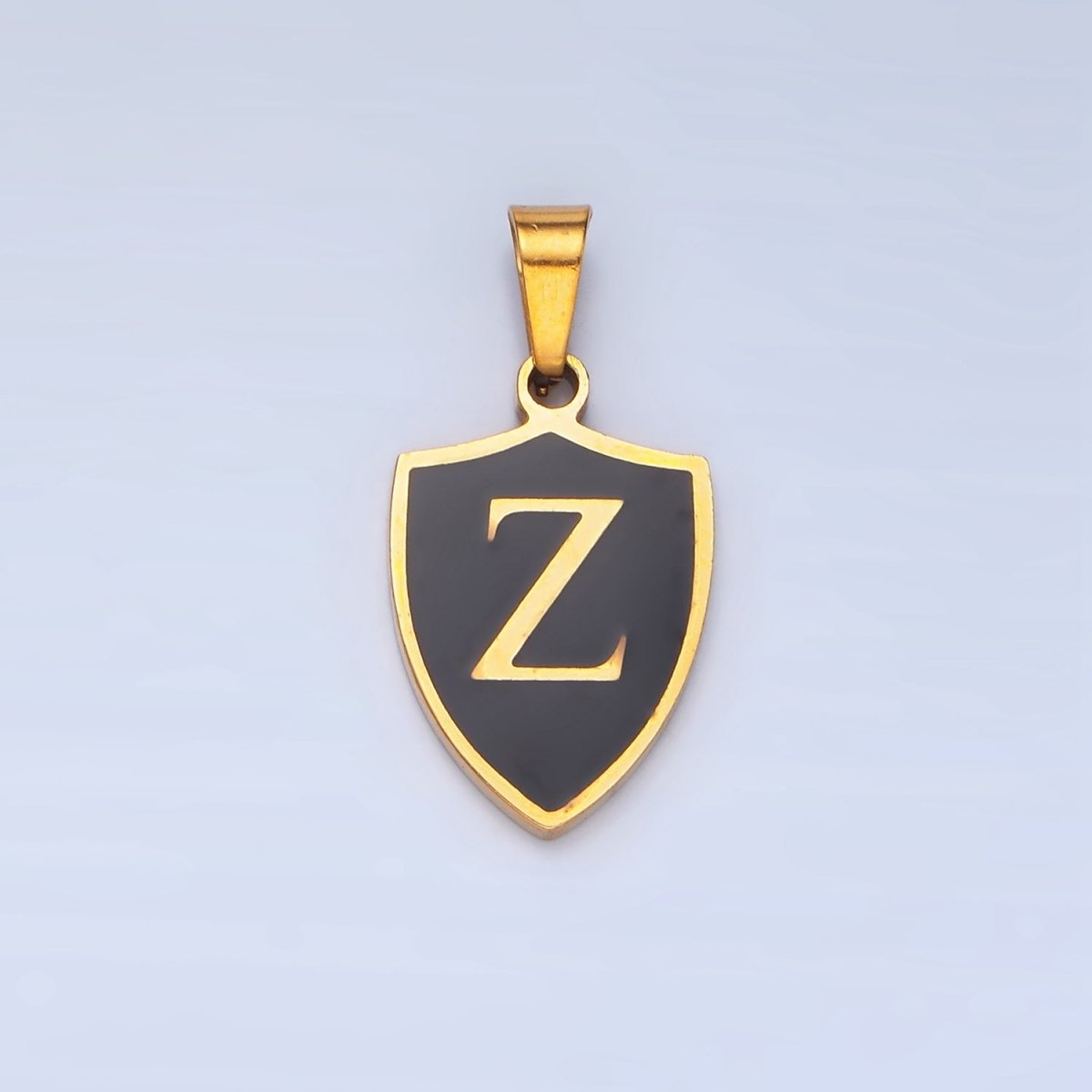Stainless Steel Letter Initial Black Enamel Shield Charm | A1617 - A1629 - DLUXCA