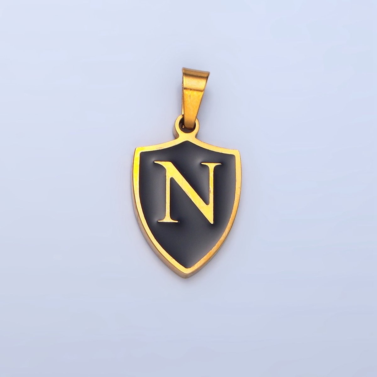 Stainless Steel Letter Initial Black Enamel Shield Charm | A1617 - A1629 - DLUXCA