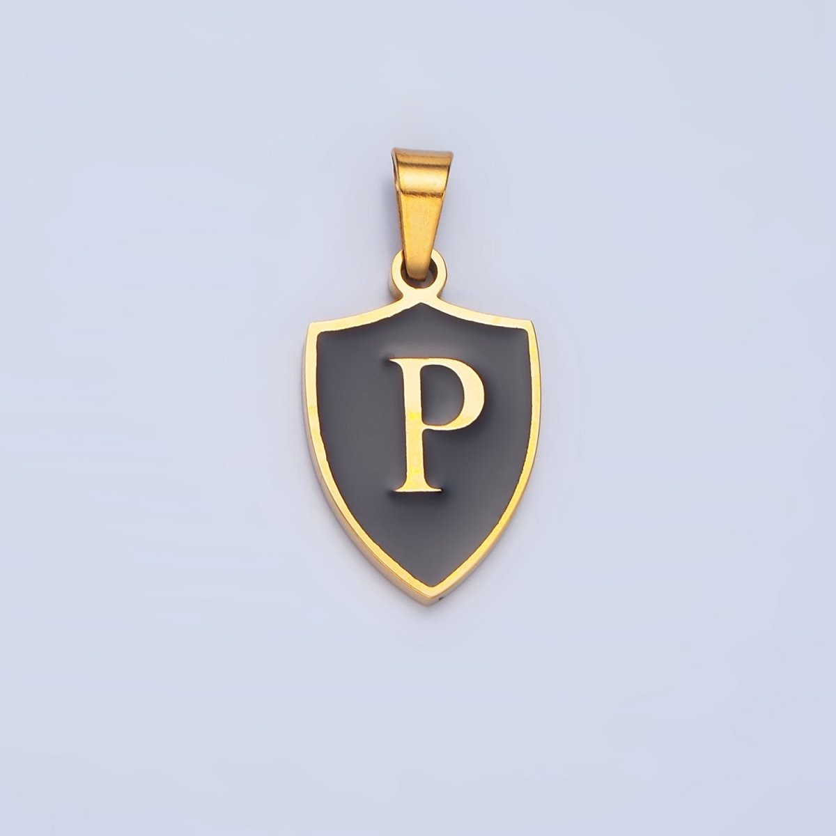 Stainless Steel Letter Initial Black Enamel Shield Charm | A1617 - A1629 - DLUXCA