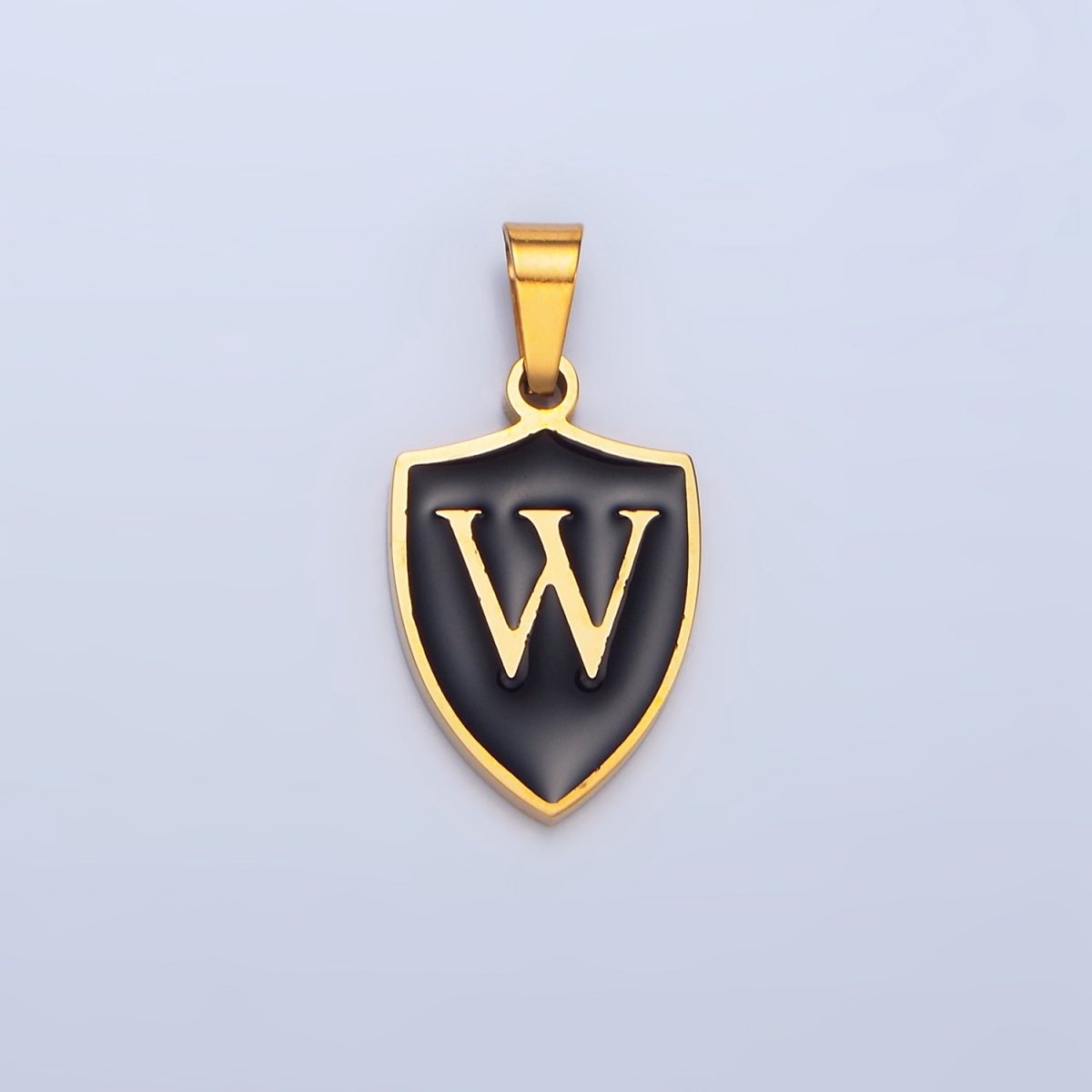 Stainless Steel Letter Initial Black Enamel Shield Charm | A1617 - A1629 - DLUXCA
