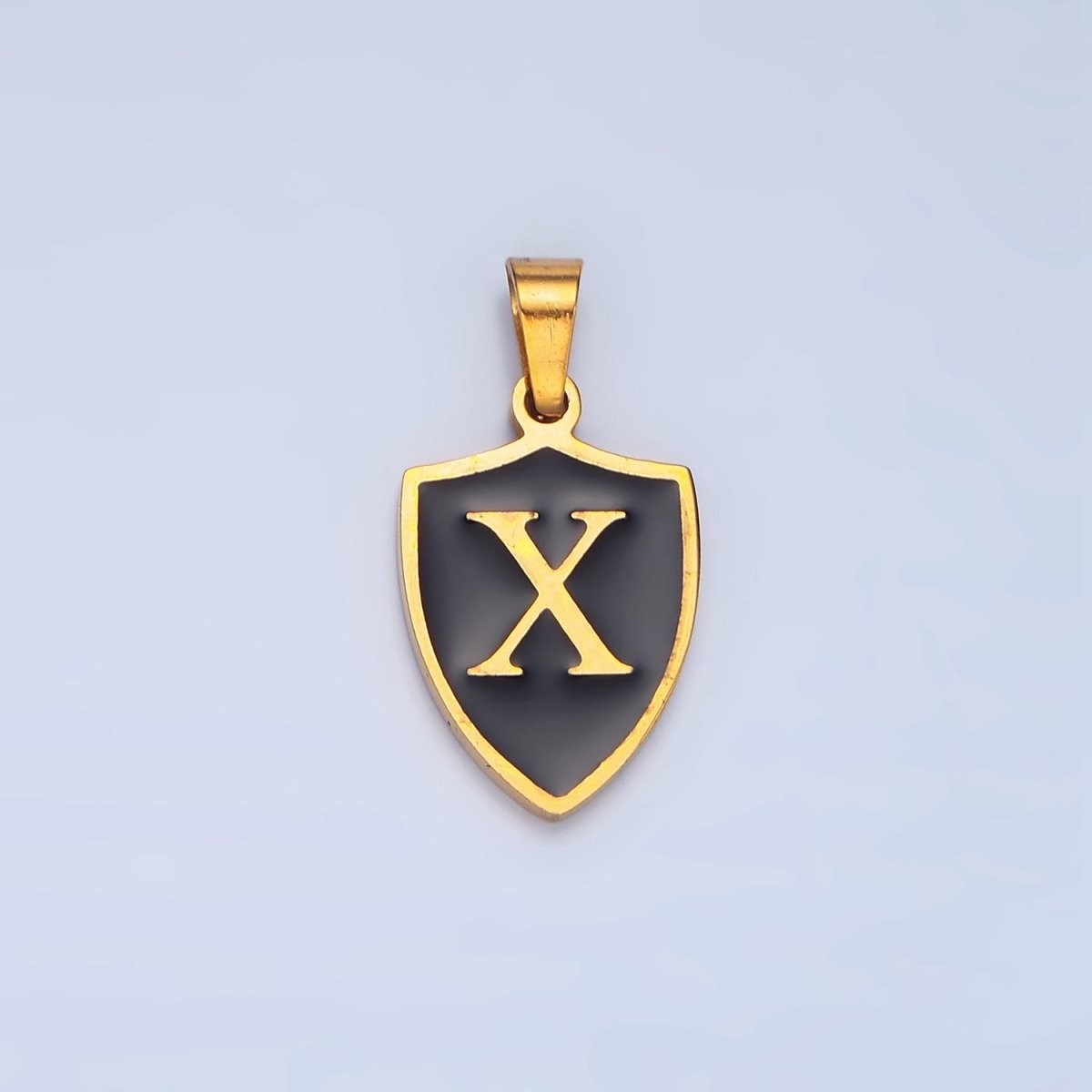 Stainless Steel Letter Initial Black Enamel Shield Charm | A1617 - A1629 - DLUXCA