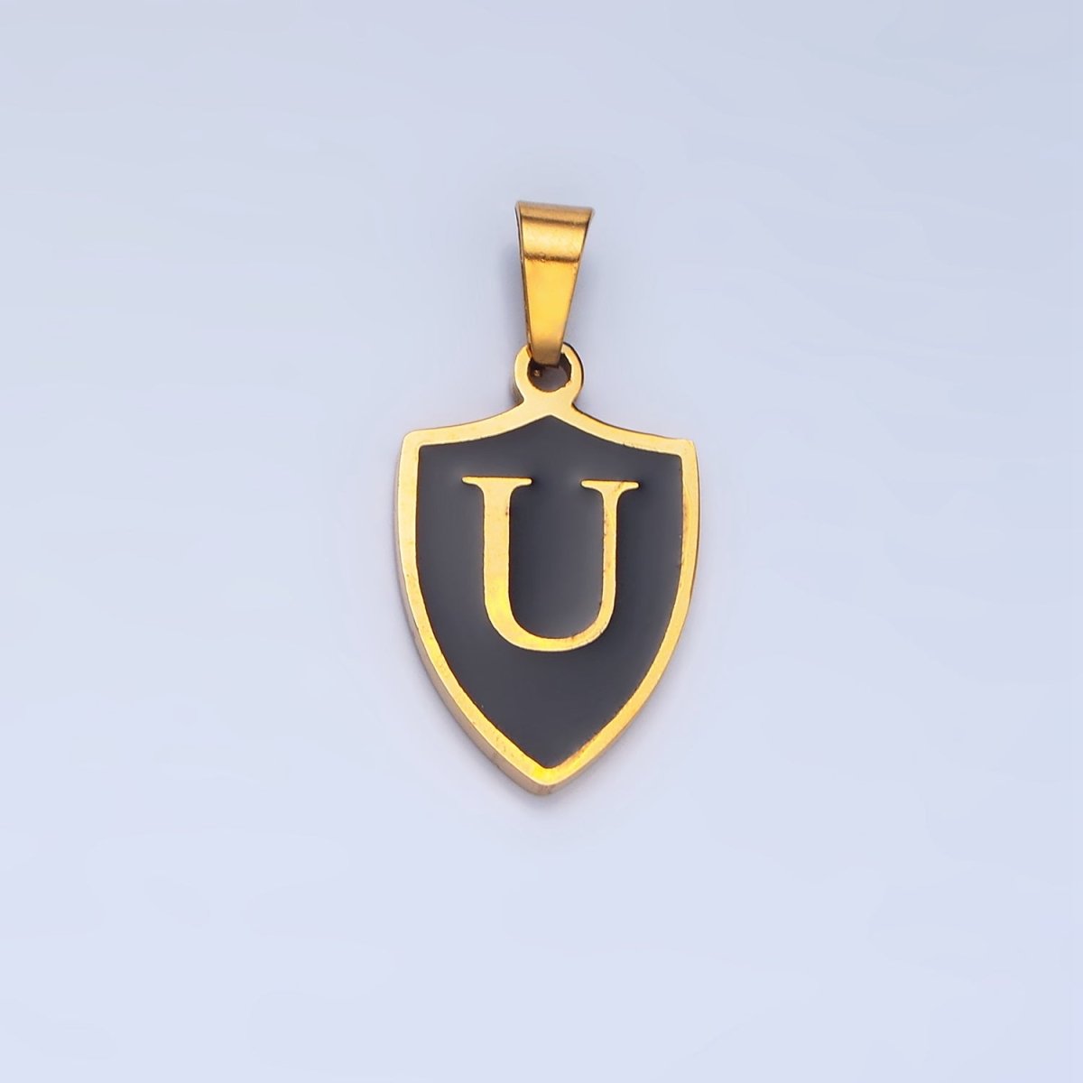 Stainless Steel Letter Initial Black Enamel Shield Charm | A1617 - A1629 - DLUXCA