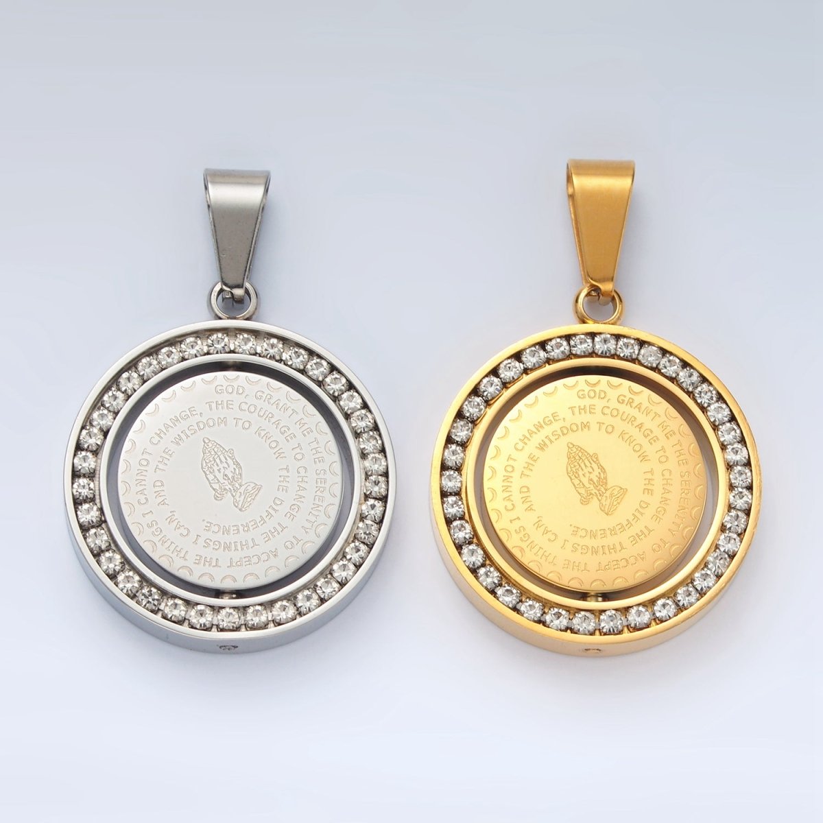 Stainless Steel "Lord's Prayer" Script Swivel Double Sided CZ Bezel Pendant in Gold & Silver | P1463 - DLUXCA