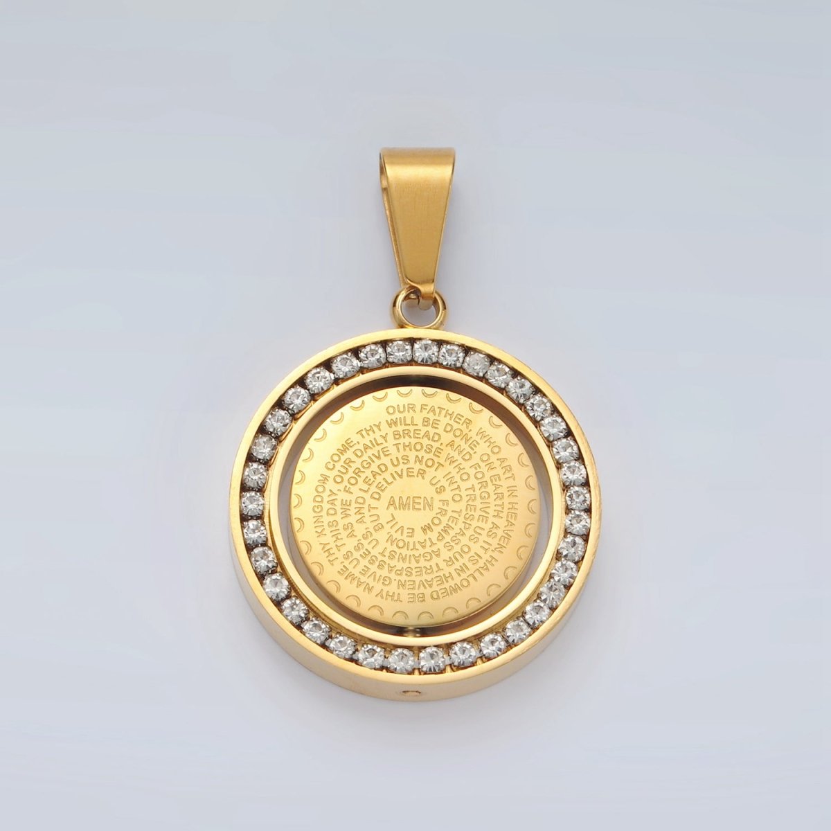 Stainless Steel "Lord's Prayer" Script Swivel Double Sided CZ Bezel Pendant in Gold & Silver | P1463 - DLUXCA