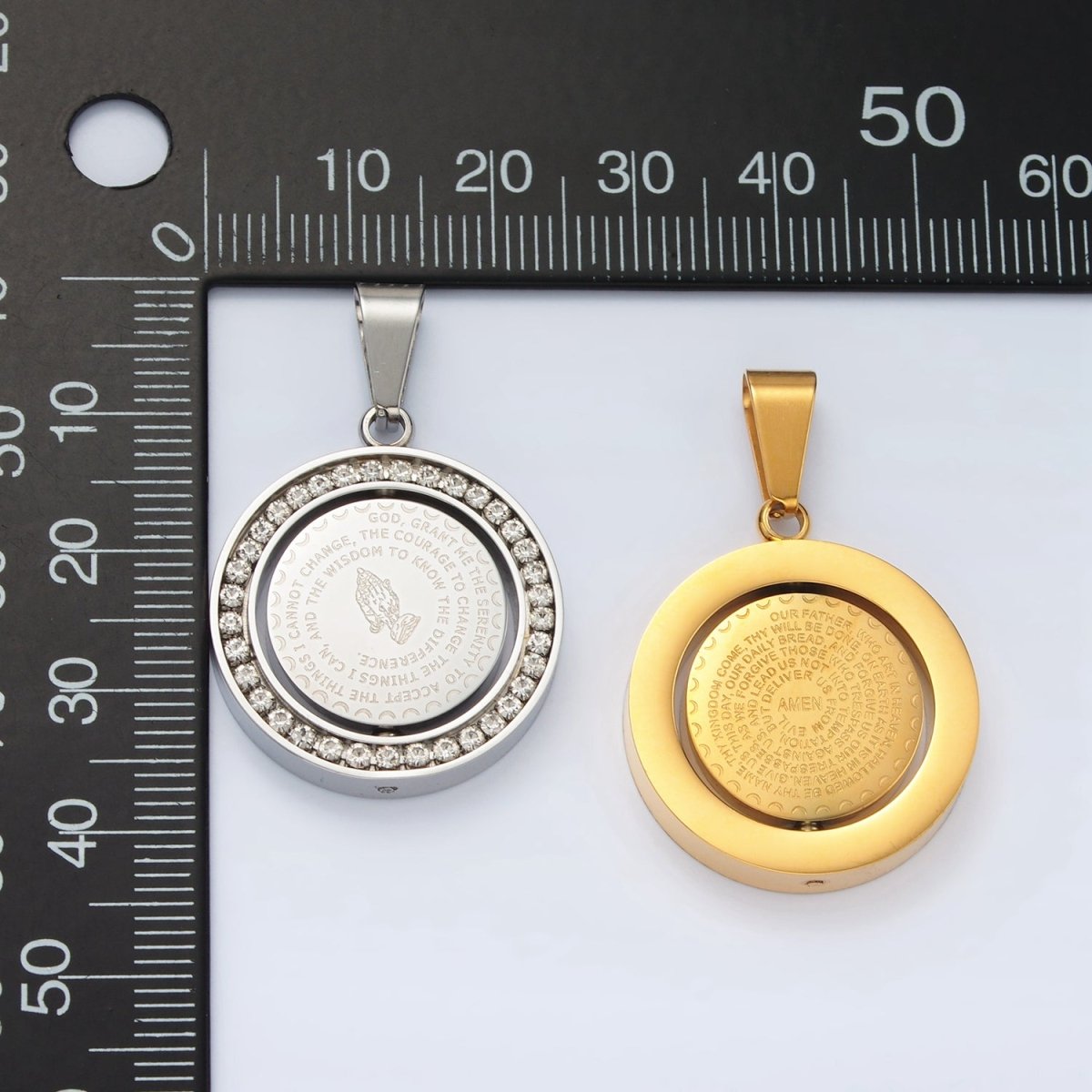 Stainless Steel "Lord's Prayer" Script Swivel Double Sided CZ Bezel Pendant in Gold & Silver | P1463 - DLUXCA