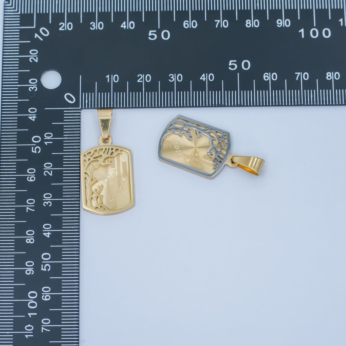 Stainless Steel "Love" Tree Lined Geometric Tag Pendant in Gold & Mixed Metal | P930 - DLUXCA
