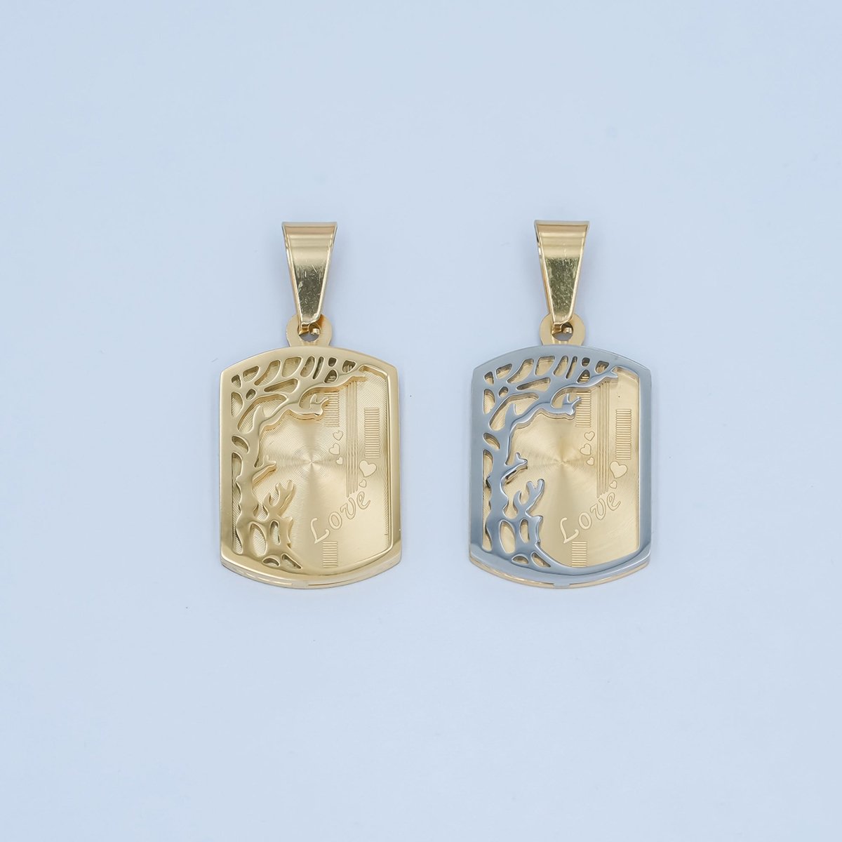 Stainless Steel "Love" Tree Lined Geometric Tag Pendant in Gold & Mixed Metal | P930 - DLUXCA
