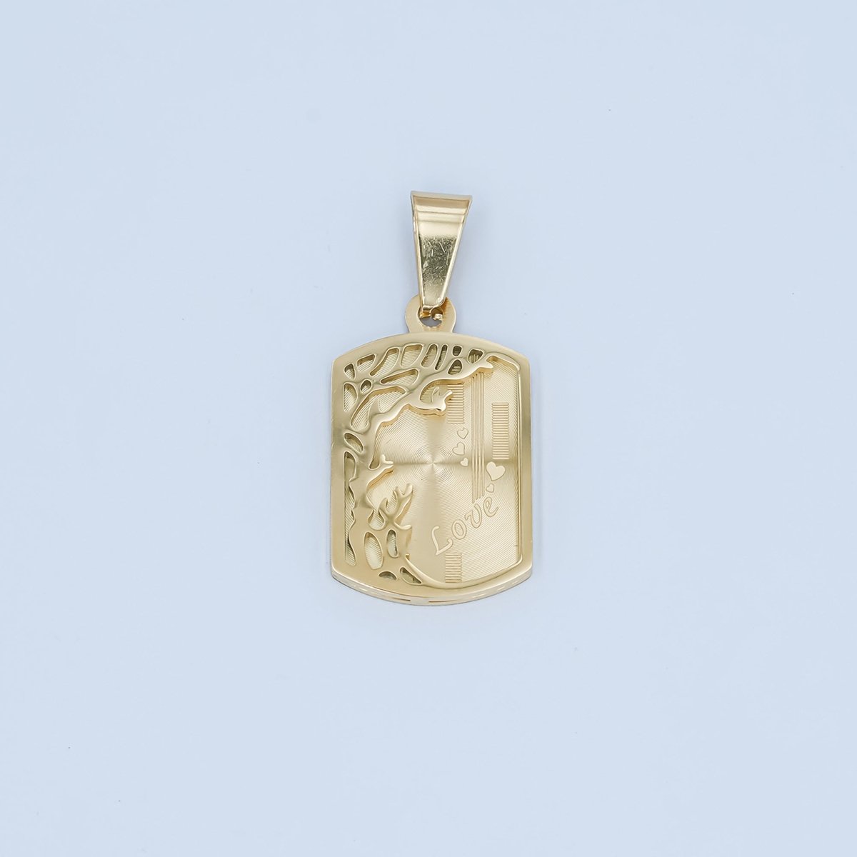 Stainless Steel "Love" Tree Lined Geometric Tag Pendant in Gold & Mixed Metal | P930 - DLUXCA