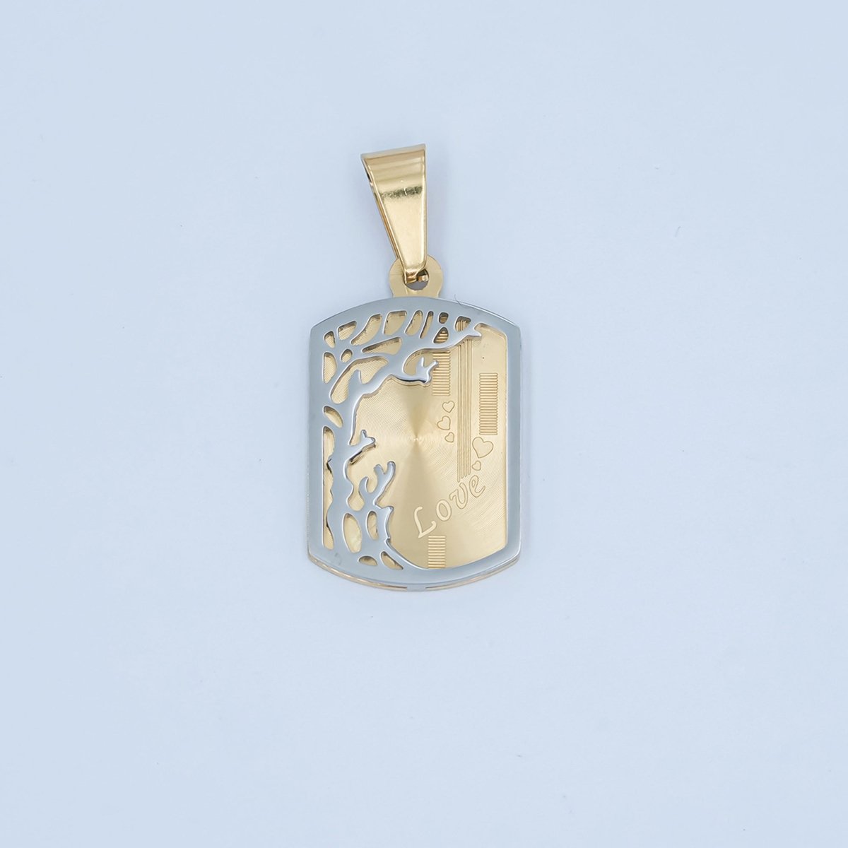 Stainless Steel "Love" Tree Lined Geometric Tag Pendant in Gold & Mixed Metal | P930 - DLUXCA