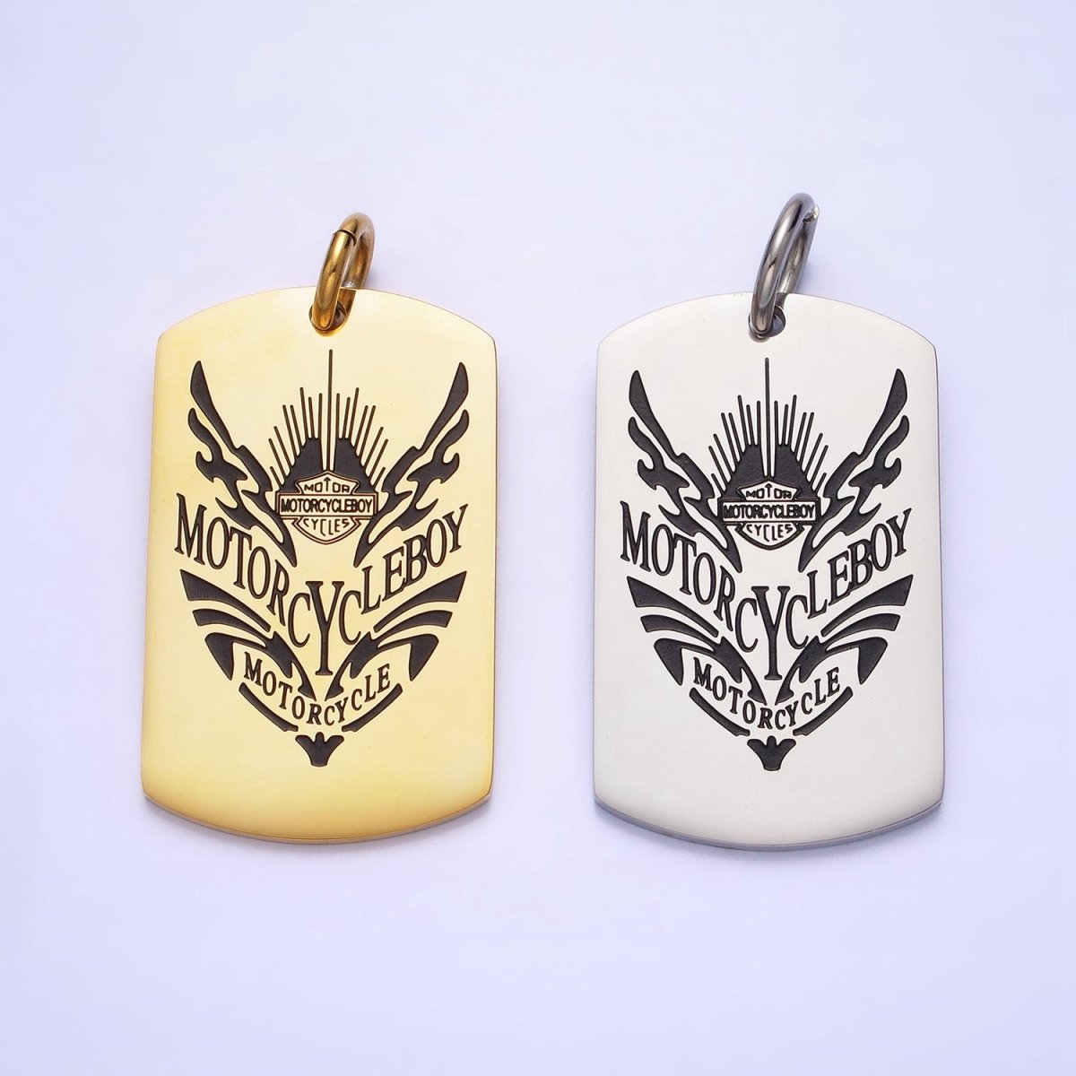 Stainless Steel Masculine "MOTORCYCLEBOY" Black Engraved Tag Charm in Gold & Silver | P - 929 P - 930 - DLUXCA