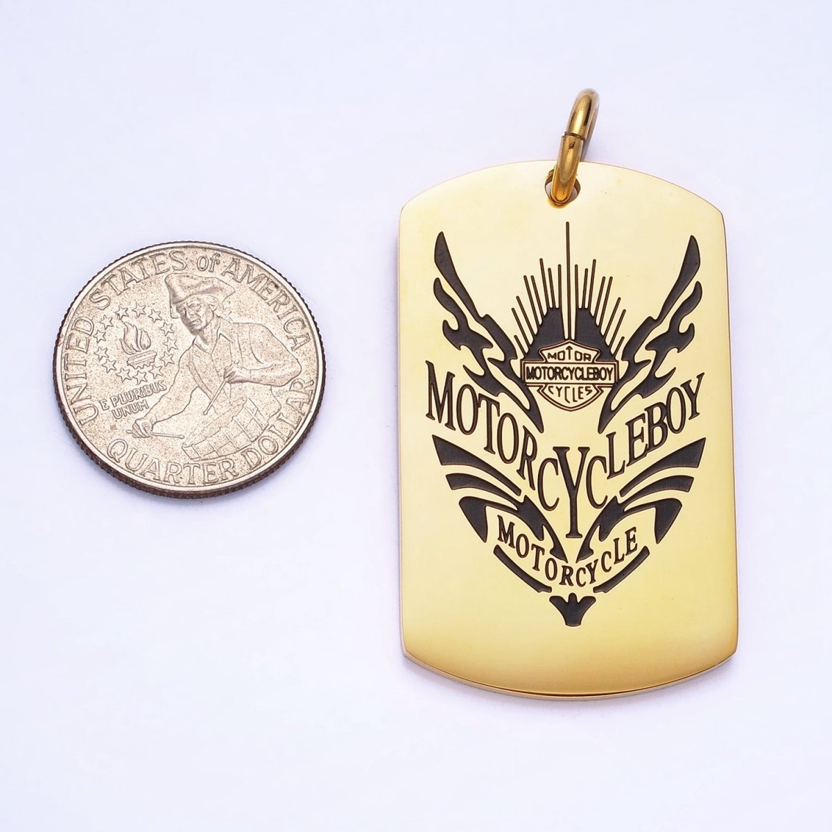 Stainless Steel Masculine "MOTORCYCLEBOY" Black Engraved Tag Charm in Gold & Silver | P - 929 P - 930 - DLUXCA