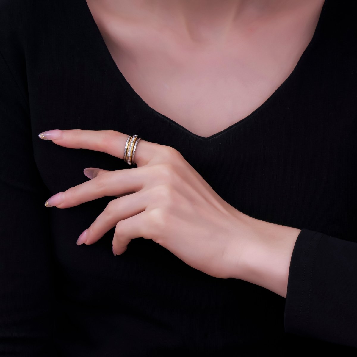 Stainless Steel Mixed Metal Baguette CZ Multiple Interlocked Bands Stacking Ring | O1439 - DLUXCA