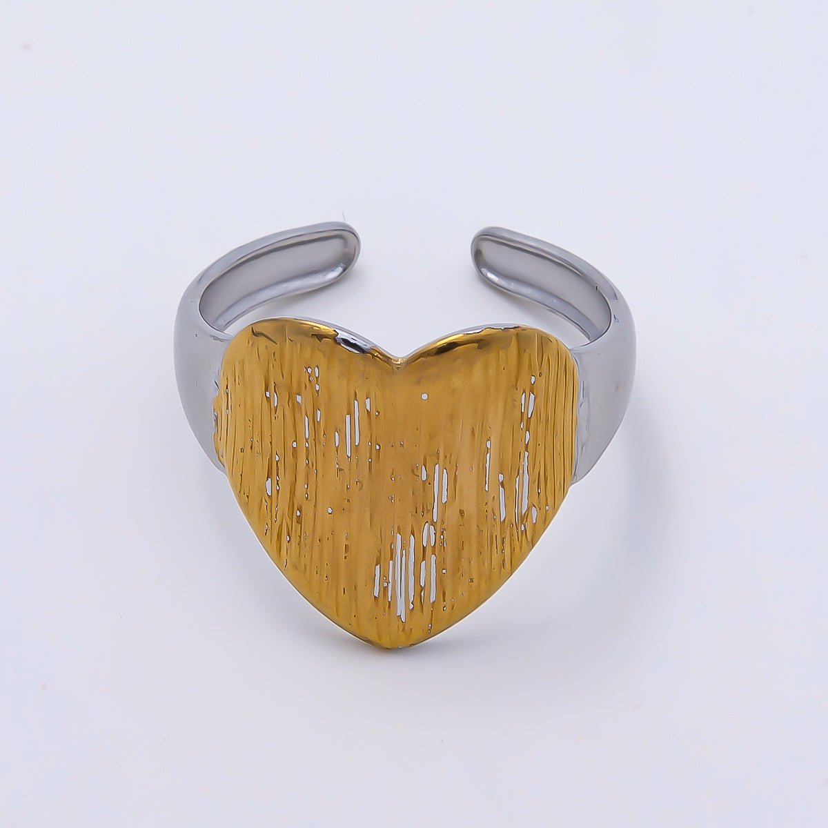 Stainless Steel Mixed Metal Curved Heart Textured Ring | Rings-00188 - DLUXCA