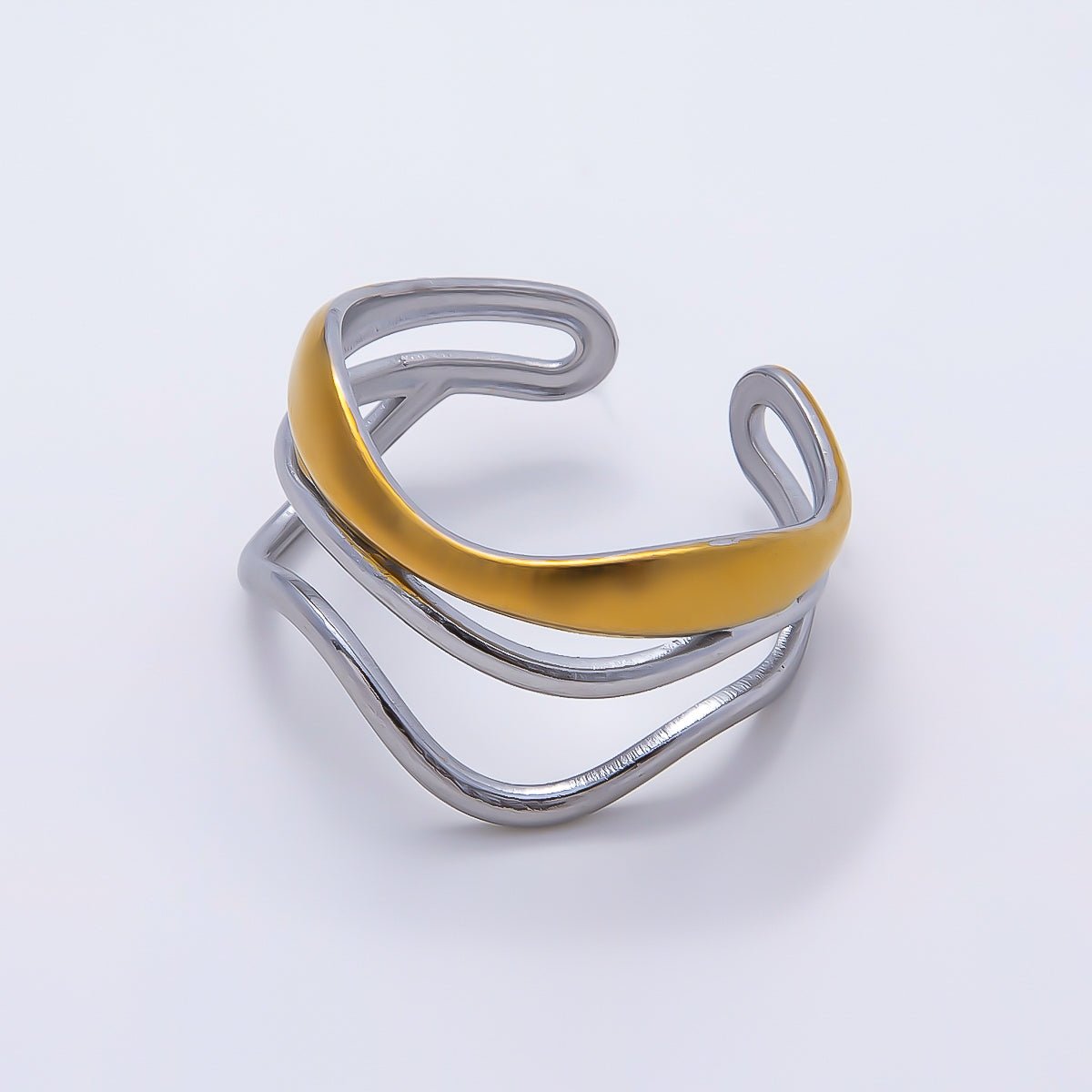 Stainless Steel Mixed Metal Curved Wave Triple Band Ring | Rings-00183 - DLUXCA