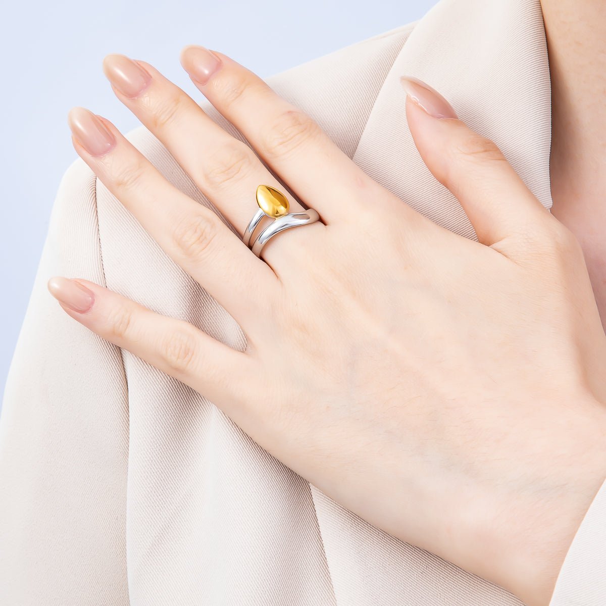 Stainless Steel Mixed Metal Molten Oval Double Band Ring | Rings-00184 - DLUXCA