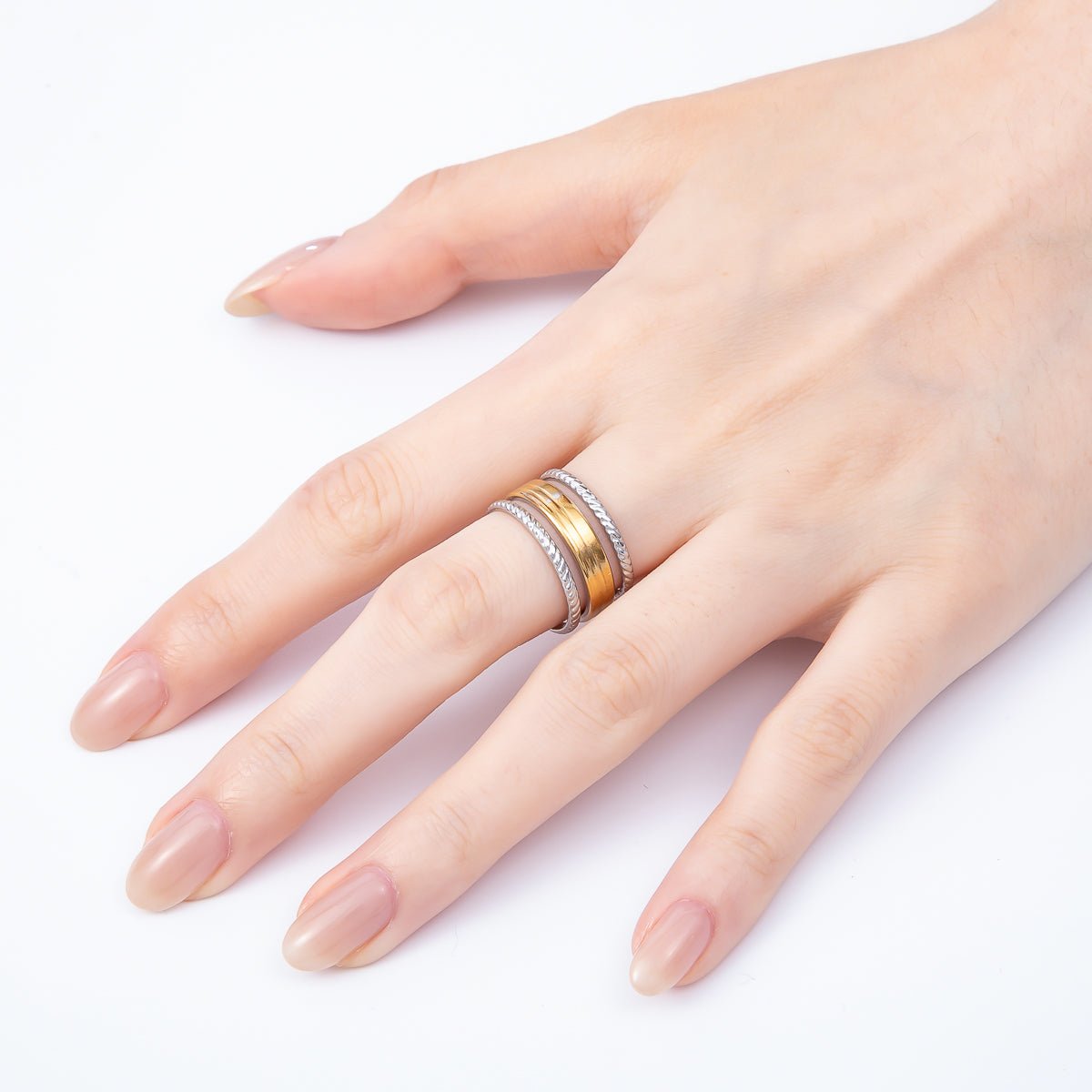 Stainless Steel Mixed Metal Wide Croissant Triple Band Ring | Rings-00180 - DLUXCA