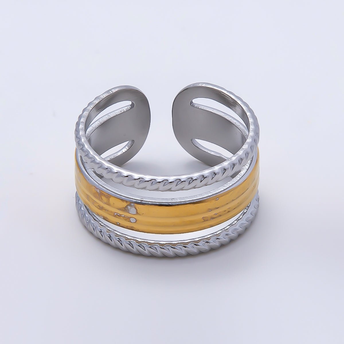 Stainless Steel Mixed Metal Wide Croissant Triple Band Ring | Rings-00180 - DLUXCA