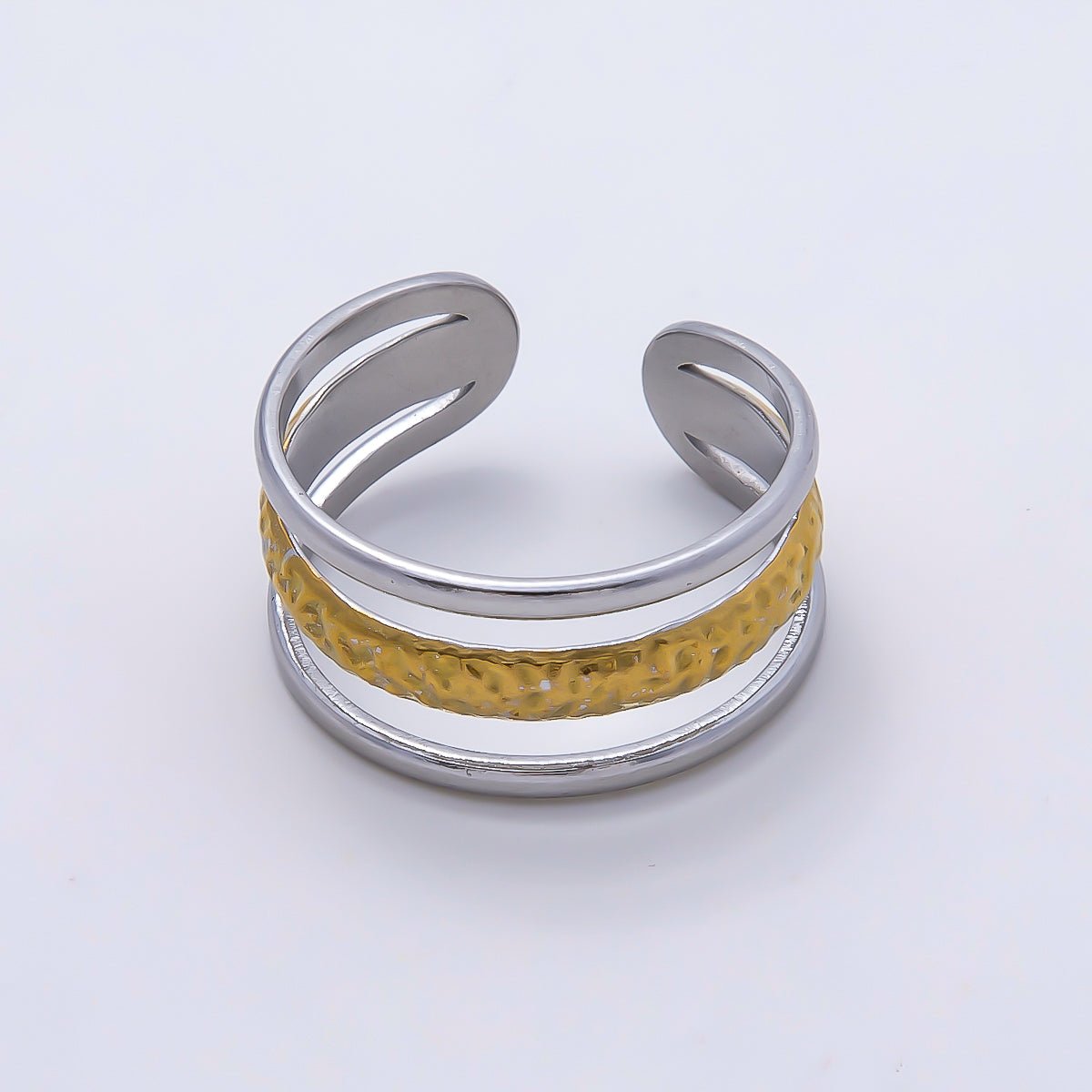 Stainless Steel Mixed Metal Wide Textured Triple Band Ring | Rings-00181 - DLUXCA
