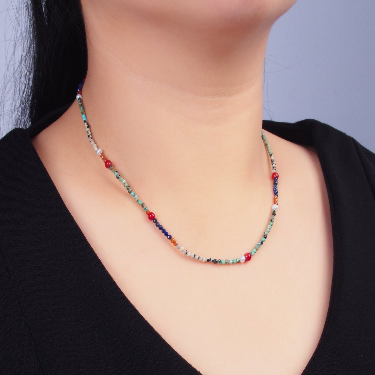 Stainless Steel Multi - Natural Gemstone 16 Inch Choker Necklace | WA - 3104 - DLUXCA