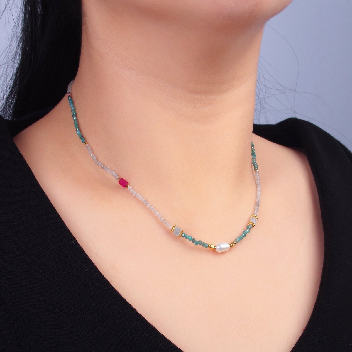 Stainless Steel Multicolor Crystal Gemstone 15.5 Inch Choker Necklace | WA - 3107 - DLUXCA