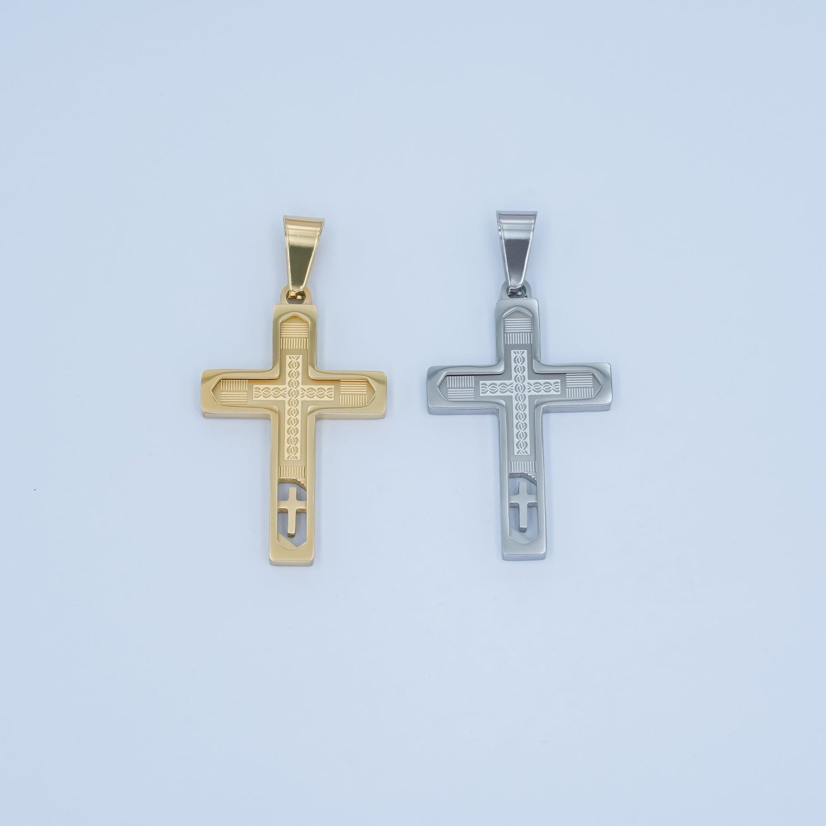 Stainless Steel Open Geometric Engraved Cross Pendant in Gold & Silver | P761 - DLUXCA