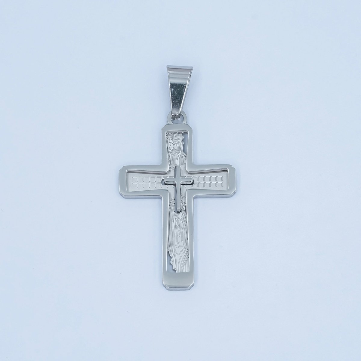 Stainless Steel Open Geometric Engraved Double Cross Pendant in Gold & Silver | P858 - DLUXCA