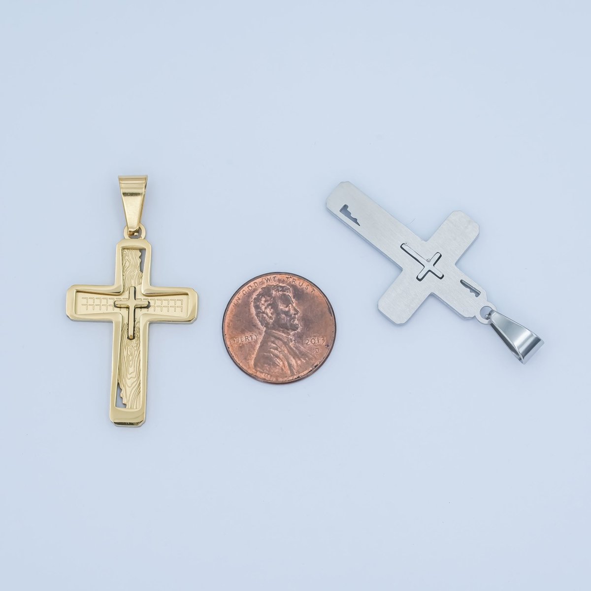 Stainless Steel Open Geometric Engraved Double Cross Pendant in Gold & Silver | P858 - DLUXCA