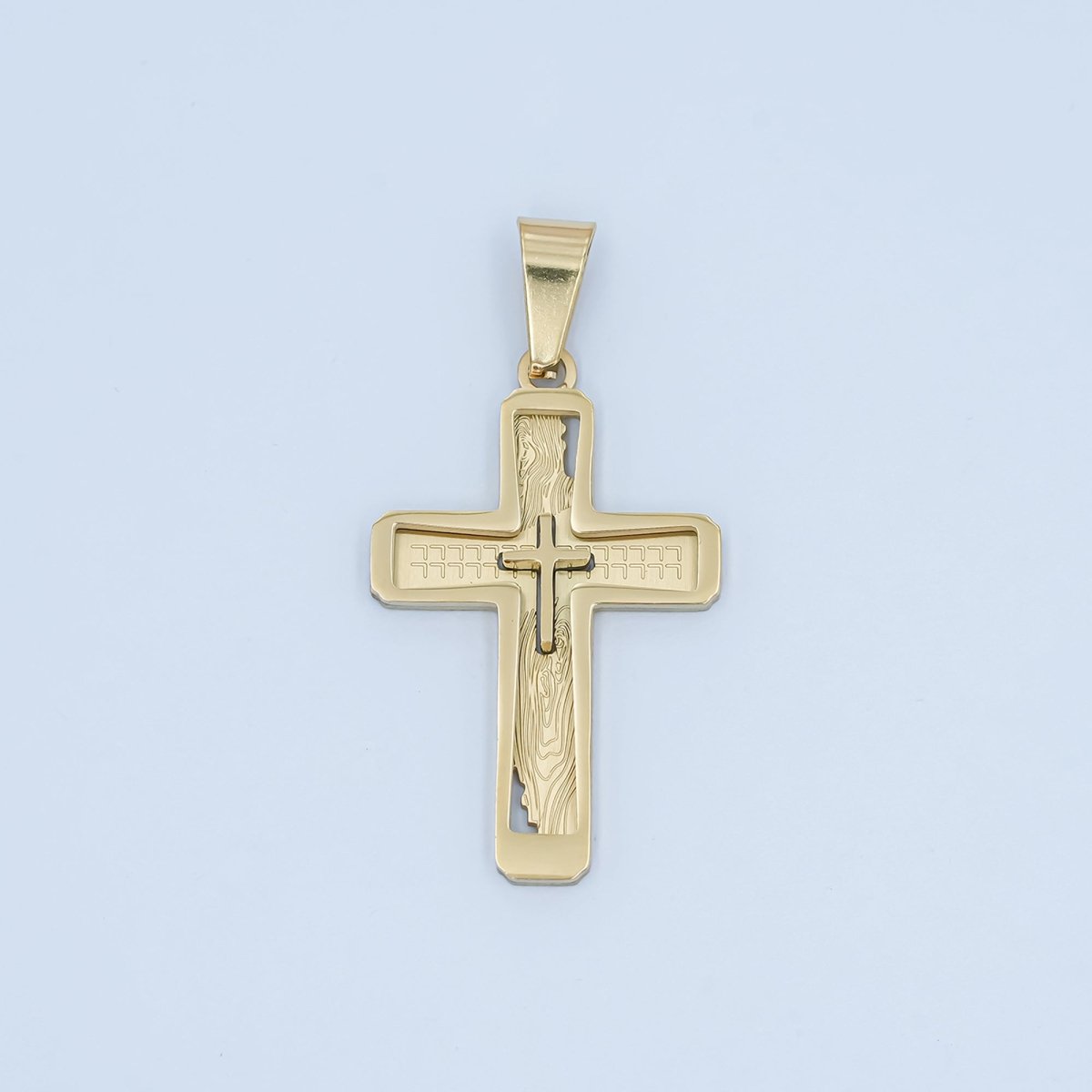 Stainless Steel Open Geometric Engraved Double Cross Pendant in Gold & Silver | P858 - DLUXCA