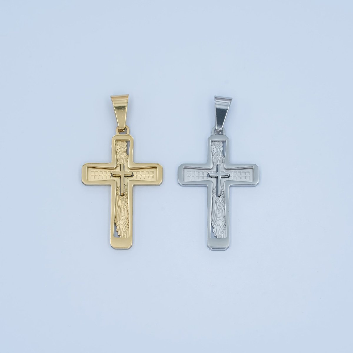 Stainless Steel Open Geometric Engraved Double Cross Pendant in Gold & Silver | P858 - DLUXCA