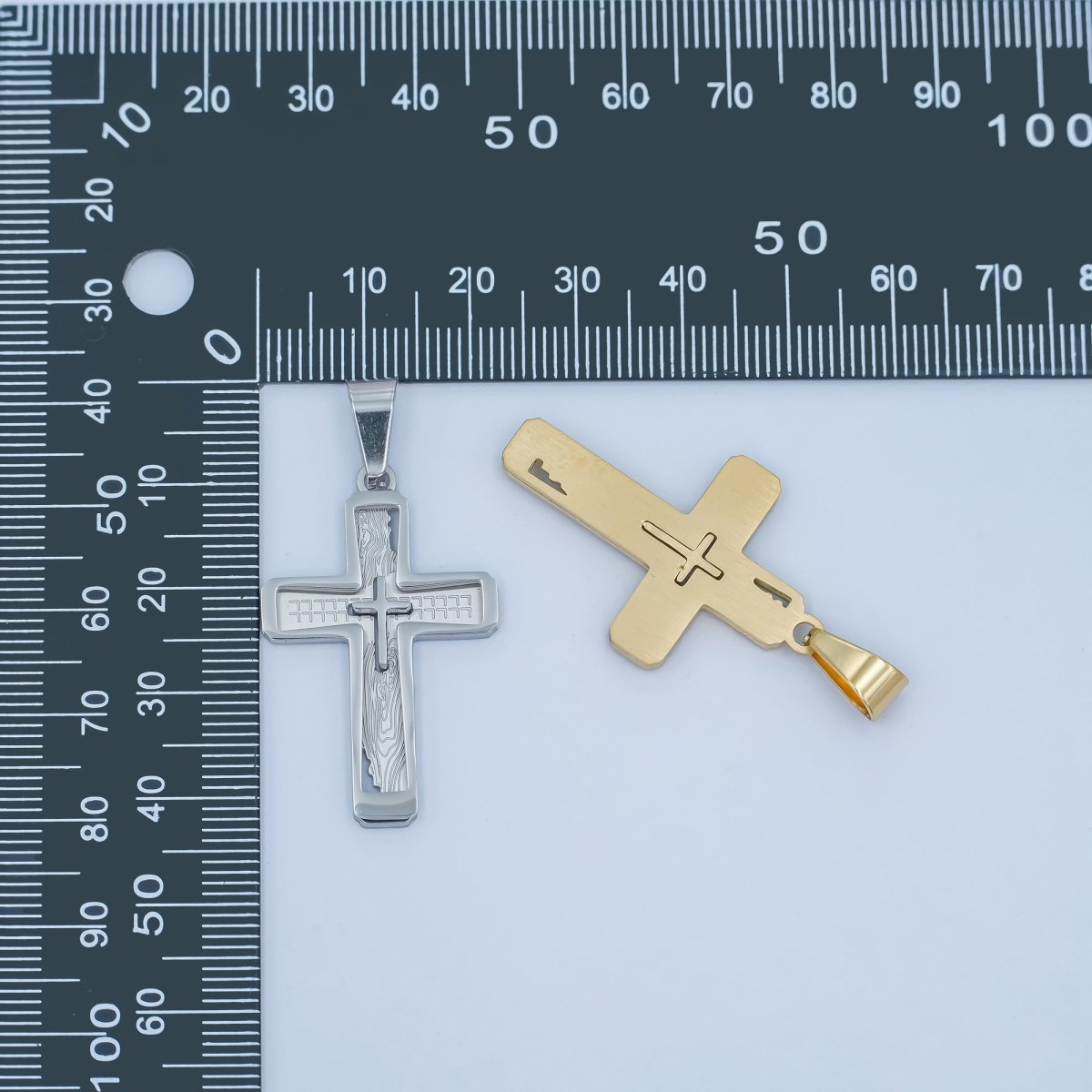Stainless Steel Open Geometric Engraved Double Cross Pendant in Gold & Silver | P858 - DLUXCA