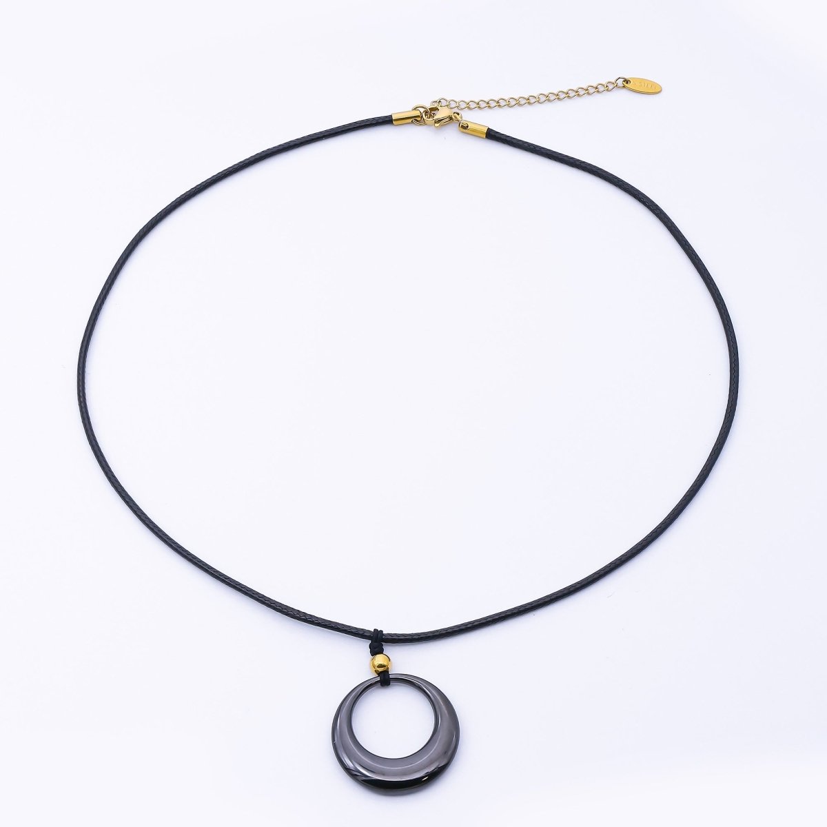 Stainless Steel Open Oval Round Black Leather Cord 18 Inch Necklace | WA - 4008 - DLUXCA