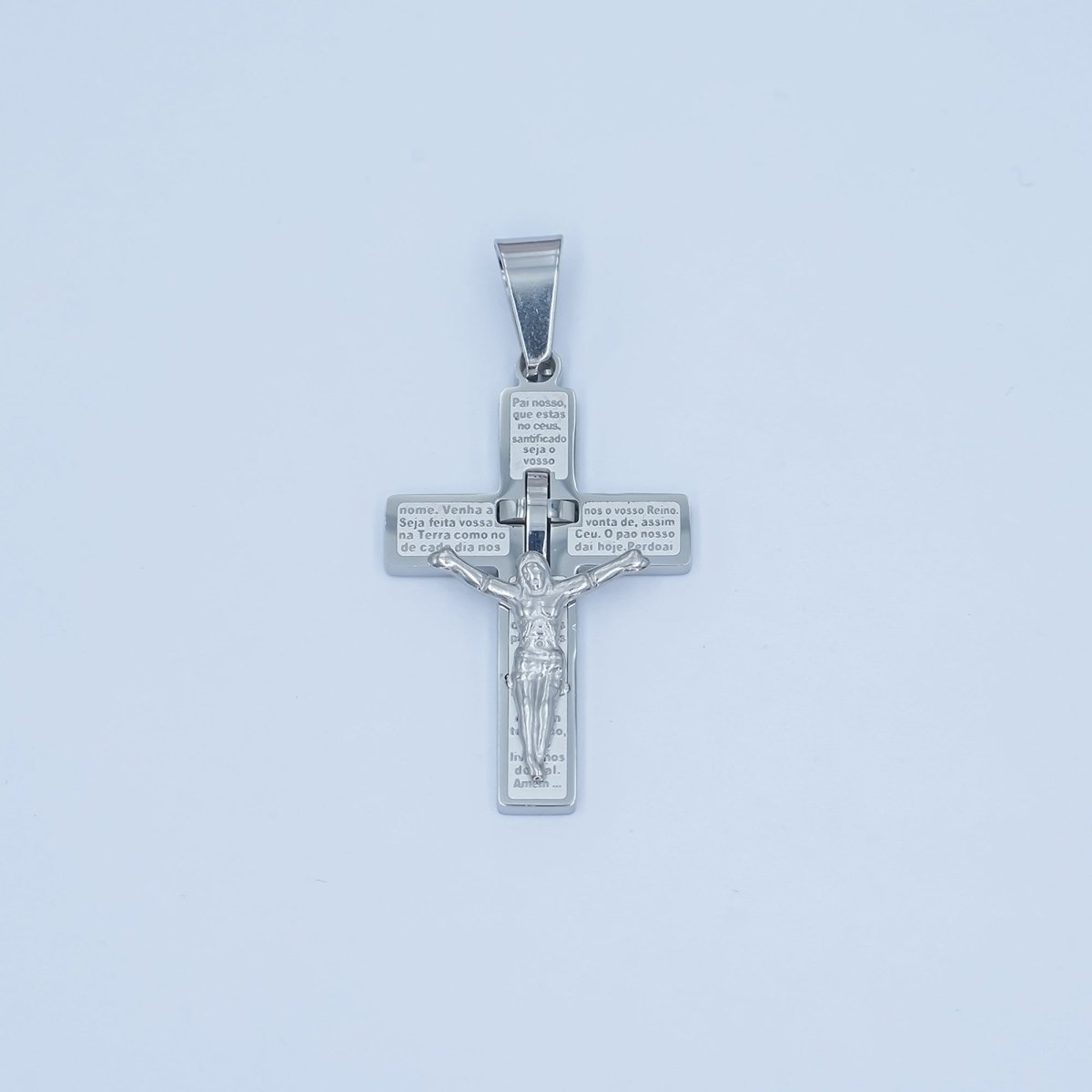 Stainless Steel "Padre Nuestro" Script Crucifix Cross Pendant in Gold & Silver | P1071 - DLUXCA
