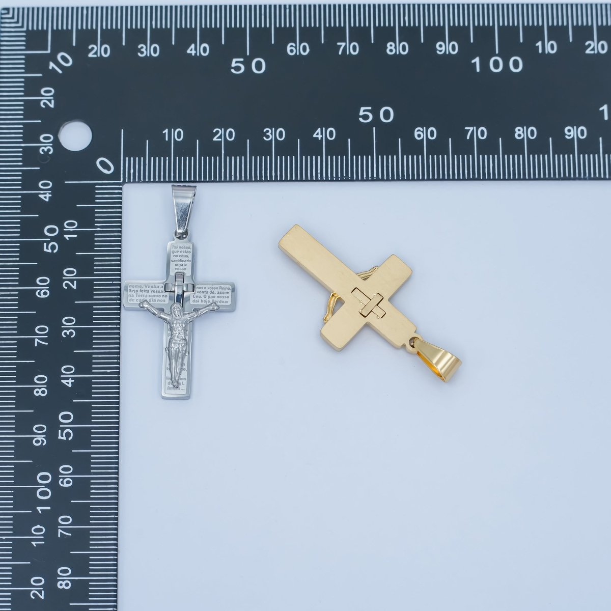 Stainless Steel "Padre Nuestro" Script Crucifix Cross Pendant in Gold & Silver | P1071 - DLUXCA