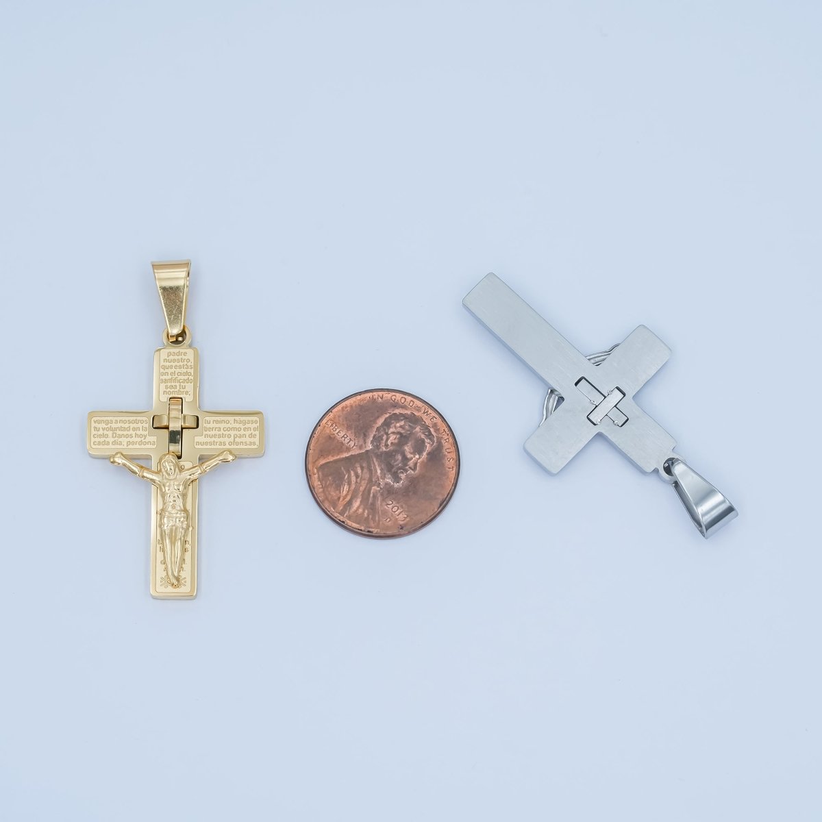 Stainless Steel "Padre Nuestro" Script Crucifix Cross Pendant in Gold & Silver | P1071 - DLUXCA