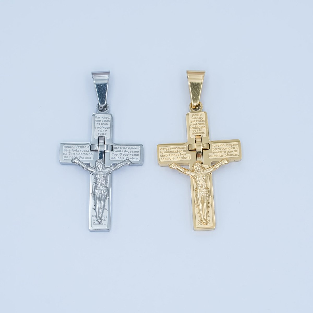 Stainless Steel "Padre Nuestro" Script Crucifix Cross Pendant in Gold & Silver | P1071 - DLUXCA