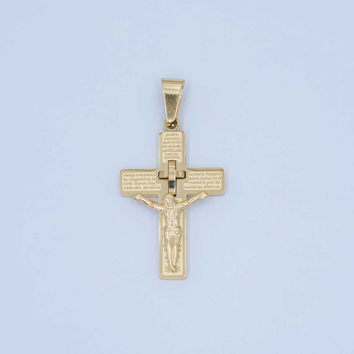 Stainless Steel "Padre Nuestro" Script Crucifix Cross Pendant in Gold & Silver | P1071 - DLUXCA