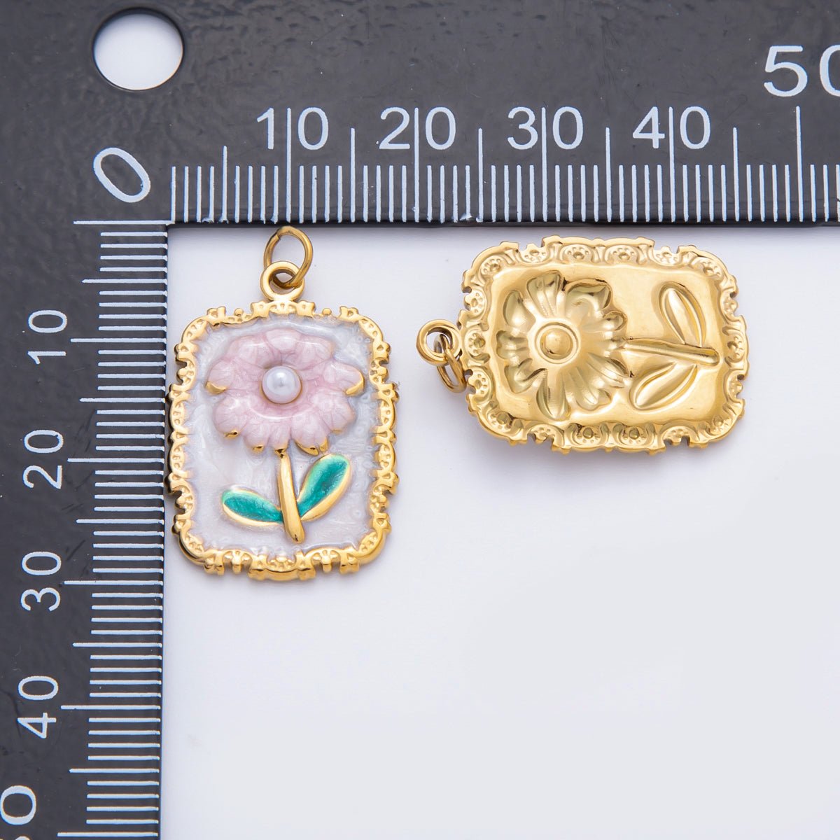 Stainless Steel Pink Daisy Flower Enamel Geometric Tag Rectangular Charm | C095 - DLUXCA