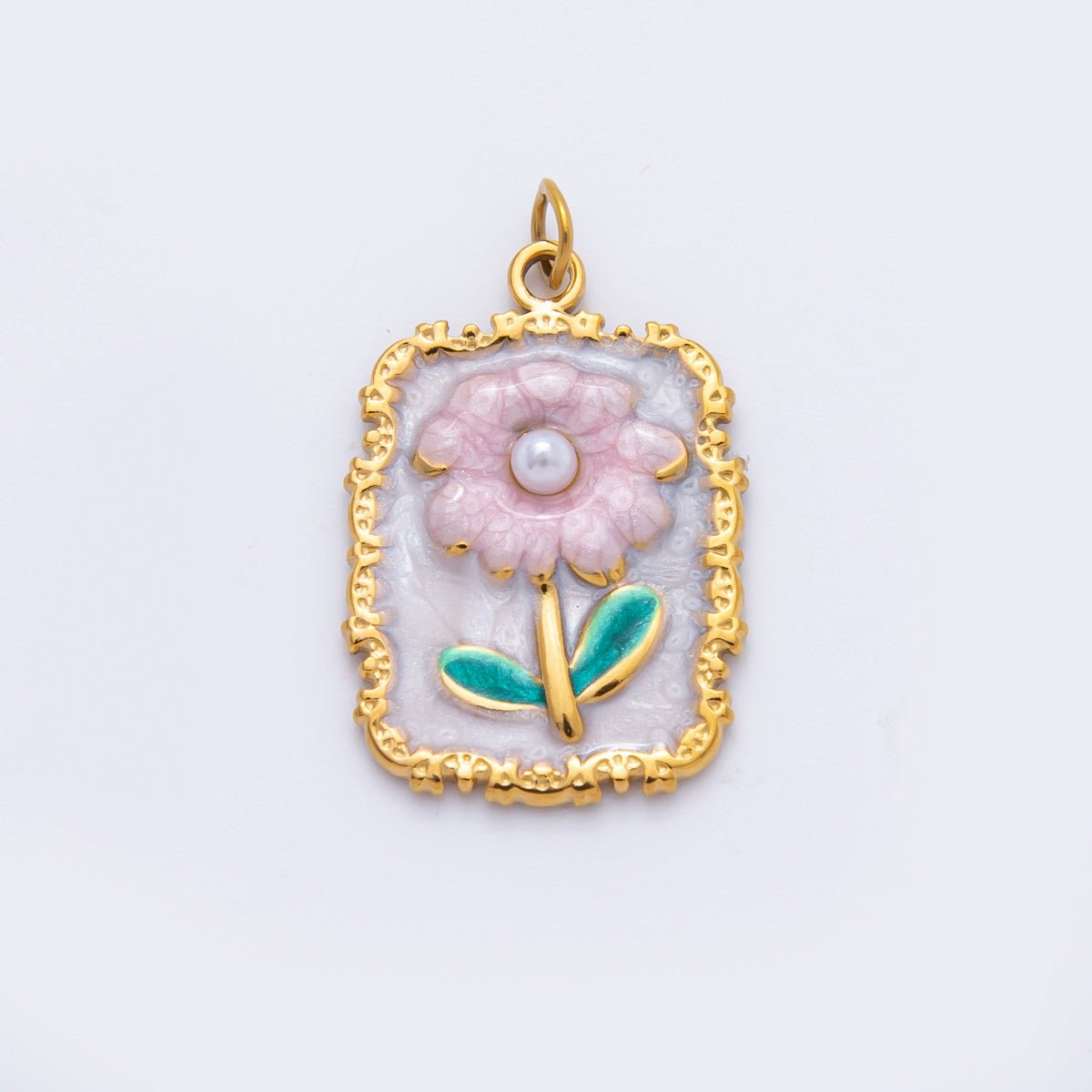 Stainless Steel Pink Daisy Flower Enamel Geometric Tag Rectangular Charm | C095 - DLUXCA